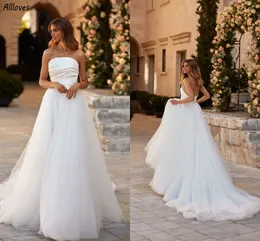 Strapless Modern White A Line Wedding Dreses Romantic Tulle Skirt Ruched Boho Beach Bridal Gowns Sweep Train Plus Size Women Bride Reception Robes de Mariee CL3482