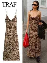 Traf Summer Woman Long Dress Spaghetti Strap Leopard Print ärmlös Backless Beach Style Slim Vintage Even Suspender 240401