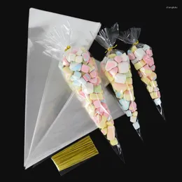Enrolamento de presentes 50pcs Clear Cone Candy Bags Comida lanche embalando sacol de plástico com laços Festas de aniversário de casamento Favorias DIY DIY