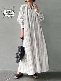 Женская хлопчатобумажная льняная полоса круглая шея с длинным рукавом простое свободное платье с пуншистом винтажное элегантное халат 240412