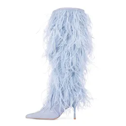 Free shipping 2024 suede leather Tassel Stiletto high heels SHOES pillage toes Thigh-high booties catwalk long knee boots Ostrich feathers cross-tied size 34-43