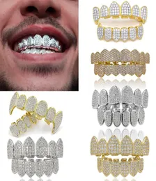 18K Real Gold Punk Hiphop 치과 용 입 Grillz Braces Bling Cubic Zircon Rock Vampire Teeth Fang Grills Braces Tooth Rapper Jew6075991