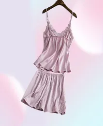 Piżamy setki jedwabne kobiety koszule nocne seksowne damskie satynowe odzież nocną szlafrok Nighties Shorts Combinaison Pajama Femme 220514748766