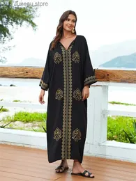 基本的なカジュアルドレス刺繍プラスサイズ長いslve kaftanビーチドレスバススーツ2024女性サマービーチウェアムードレスq1603 t240412