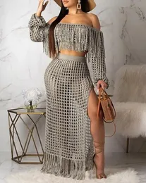 Women Swimsuit Summer Fashion Crochet Casual Mesh Tassel Off The Shoulder Long Sleeve Beach Top Skirt Sets Swimwear Cover-Ups 240327