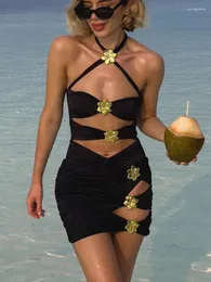 Kvinnors badkläder 2024 One Piece Swimsuit Sexig Solid Floral Women Halter Bathing Suit Two Set Cover Up Beach Monokini Femal