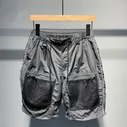 男性用男性のショートパンツ韓国のファッションメッシュパッチワークストリングストレートレッグパンツ2024年オールマッチカジュアルオム
