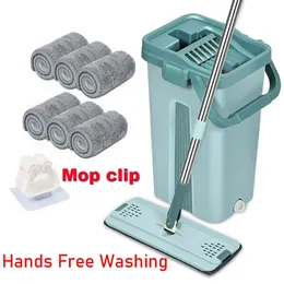 Touchless Mop Flat Flat Floor Wash Mops Bucket Magic Cleaner Selfwring Squeeze Douse Hushåll Rengöring Automatisk torkning 240508