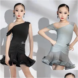 Stage Wear 2024 Latin Dance Performance Costumes For Girls Oblique Shoder Topps Splits kjolar Suit Chacha Rumba Dress DN17637 Drop Deli Otwmo