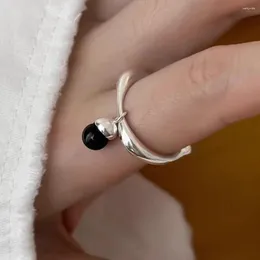 Anéis de cluster 925 prata esterlina para mulheres simples minimalista retro preto borla aberta anel de dedo bandeira feminina bijoux presente