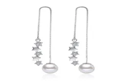 Omhxzj Whole Fashion Pentagram Pearls Star 925 Sterling Silver Tassel Pendant drop long ear Line earrings for women ys1555470591