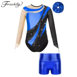 Shorts Kids Girls Ballet Dance Outfit Mesh Long Sleeve Keyhole Back Shiny Leotard with Metallic Shorts Rhythmic Gymnastics Jumpsuits