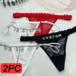 Customised Thong Sexy Rhinestone Waist Chain 2Pc/Sets Custom Name String For Women Lace Panties Briefs Crystal Letters Girl Gift 240402