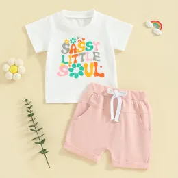 Shorts Summer New Baby Girls Outfits Fashion Floral Letter Print Toddler Clothes Short Sleeve TShirt Elastic Shorts Set For Kids Suit