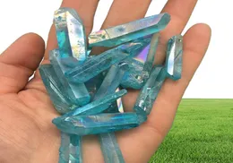 6pcs Blue Titanium Aura Angel Zauberstabpunkte natürliche rohe Kristallraue Heilung Topaz Lemurian Samen Prism Cluster Charms Stone3758370