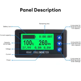 H56CH LCD Digital Hall Coulomb Meter Ammeter Voltmeter DC9-100V 50A 100A 300A 400A Voltage Current Power Meter Battery Indicator