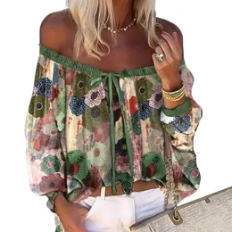 Blusen für Frauen Mode von Schulter Rüste reine Schneider Lantern Langarm Chiffon Bluse Top Ethnic Style Print 240412