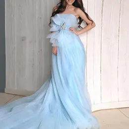 Party Dresses Formal Light Sky Blue Maternity Evening Wear Custom Made Tulle Long Sweep Train Pography Gowns Pregenwid Women2024