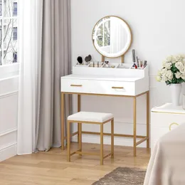 Desk da vaidade de maquiagem com espelho e luzes, vaidade de maquiagem definida com gavetas, mesa de maquiagem branca Tabela