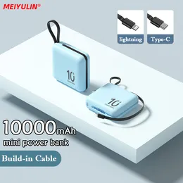 10000mAh Mini Power Bank Fast Charging Small 5000MAh PowerBank Inbyggd kabel Externt hjälpbatteri för iPhone Xiaomi