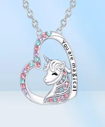 Unicorn Pendant Necklace Söt Lucky Heart Crystal Birthstone Horse Halsband Du är magiska smycken Födelsedagspresent Girls58589861976214