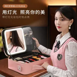 LED Makeup Bag With Mirror Light Large Cosmetic Bag Portable Travel Pink Storage Bag Smart Led Cosmetic Storage 240408