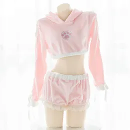 Shorts lolita coelho fofo pamas conjunto meninas kawaii gato pata home usa lingerie sexy flanela roupas caseiras shorts rosa coelho roupas de dormir 2 peças