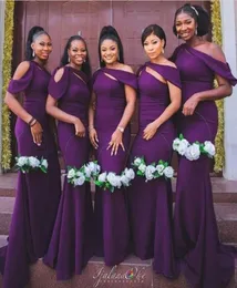 2021 Purple Satin Bridesmaid Dresses Mermaid Appliced ​​Spaghetti Straps Maid of Honor Dress Floor Längd Plus Size Wedding Party G6273878