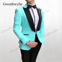 Calças Gwenhwyfar Turquesa Color Men Suits 2020 Novo estilo Buttlemen Party Wear Tuxedos Blazer com calça preta, lapela de cetim