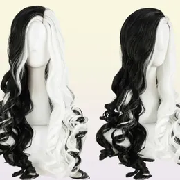 CRUELLA Deville De Vil Cosplay Wigs 75cm Long Curly Half White Black Heat Resistant Synthetic Hair Cap Y09135897690