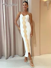 Casual Dresses Ailigou 2024 Summer Women's Sexy Backless Sleeveless V-Neck Knitted Midi Bandage Dress White Elegant Celebrity Party