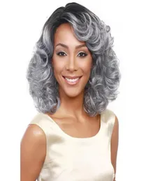 Avó do festival de madeira cinza peruca ombre curto ondulação de cabelos sintéticos perucas de fibra de calor afro -americano de fibra de calor Black3965892