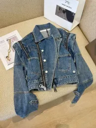 Vintage Streetwear Bomber Motorcycle Crop Denim Jacket Women Autumn Shoulder Pad Multi Zipper Short Ripped Jeans Jackets Outwear