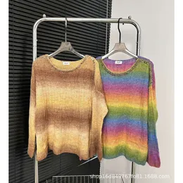 Suéteres femininos No início do outono de nicho de nicho da moda Halo tingido de arco -íris mohair costurado à mão Diamante Knit Sweater