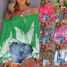 Women Off Shoulder Shirt Blouse Summer Floral Print Casual Long Sleeve Tops TShirt V Neck Retro Ethnic Style Loose 240412