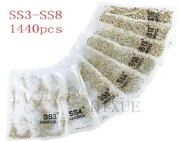 Ss3ss8 1440pcs Clear Crystal AB Gold Flack 3D Düzeltmeyen Düz Çivi Sanat Süslemeleri Giysiler için Rhinestones 07316997592