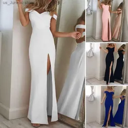 Urban Sexy Dresses Women Evening Dress Low-cut Off Shoulder Backless Slveless Split Hem Slim Fit Solid Color High Waist Full Length Prom Party Ma T240412