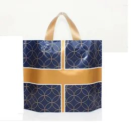 Present Wrap Blue Gold Geometry 0,16 mm tjocka plastkläder Kopplingspåsar Butikförpackningspåsar med handtag 10st