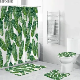 Shower Curtains Tropical Plant Green Leaves Bathroom Curtain Set Banana Leaf Toilet Lid Cover Pedestal Anti-slip Carpet Fabric