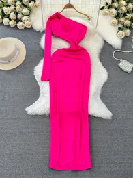 Lässige Kleider Foamlina sexy eine Schulter Langarm aus Schnitt maximaler Kleid für Frauen Sommer elegant solide schlanke Körperkonparty Vestidos