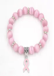 Pack Brustkrebsbewusstsein Schmuck Weiß Pink Opal Perlen Armband Ribbon Charm Bracelets Bangles Brakeletts6741181