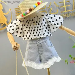 Conjuntos de roupas 2024 Moda de verão Baby Girls Polka Dot Puff Sleeve Tops Shirts + Shorts Denim Calças quentes de roupas de duas peças