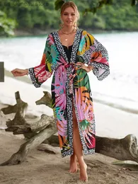 Grundläggande avslappnade klänningar Bohemian tryckt plus size batwing slve bälte långa kimono klänningar sommaren 2024 kvinnor lösa strandkläder baddräkt täcker q1512 t240412