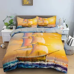 Sängkläder set mode 3D Steamship Boat Set 2 eller 3st Landscape Quilt Däcke Cover Comporter Bed Home Textile