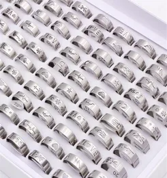 100 PCS Fashion Hollow Silver Color Rings Stainless Steel Rings for Men Womens Mix Animal Love Jesus E.