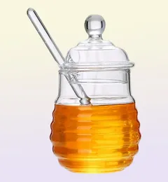 Garrafas de armazenamento frascos de 250 ml jarra de mel de vidro alto panela de borossilicato com colher de mergulho pequeno recipiente de cozinha para xarope6153257