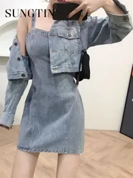 Sungtin İki Parçalı Set Kadın Setleri Denim Ceketler Ceket Şık Vintage Straps Seksi Elbise Takımlar Kadın Yaz Kore 240412