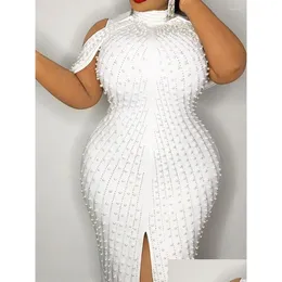 Basic & Casual Dresses Big Size White Beading Party Dress Bodycon Y Mock Collar Off Shoder Knee Length Spring Summer Birthday For Dro Dhuly