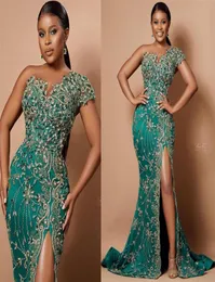 2021 بالإضافة إلى الحجم العربي Aso Ebi Hunter Green Mermaid Prom Dresses Lace High Slip Evening Party Second Orvement 7550131