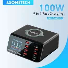 Chargers Asometech 100W 8 Porto USB Staion com carregamento sem fio, tela digital LED, carregador rápido QC3.0 PD para iPhone 14 13 12